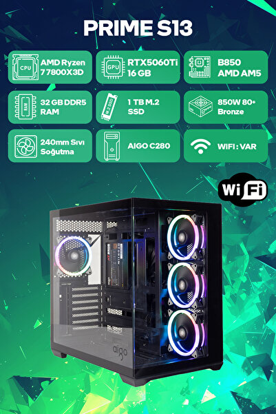 Game Garaj Prime S13 AMD Ryzen 7 7800X3D 32GB RAM 1TB SSD RTX5060Ti 240mm Sıv...
