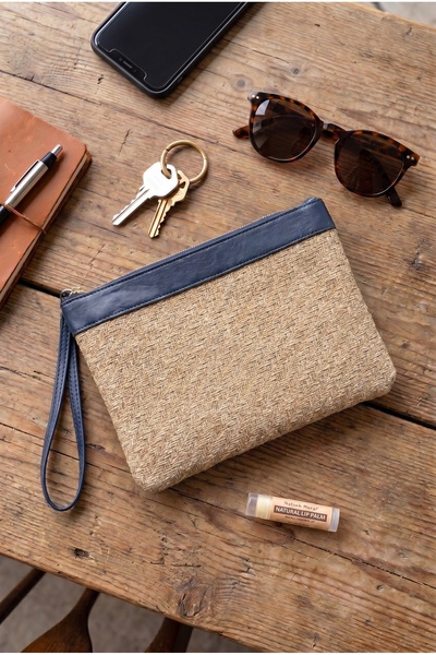GLONDY Jolie Wicker Clutch Women's Portfolio Handbag Navy Blue