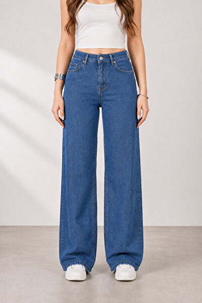 Lighter Jeans بنطلون جينز نسائي أزرق متوسط ​​اللون بخصر عالٍ وقصة مستقيمة ووا...