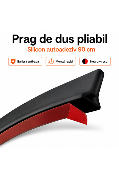 iTin Prag de duș pliabil din silicon, 90 cm, autoadeziv, negru‑roșu