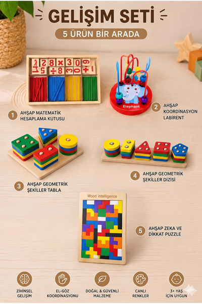Bloomin 5'li Ahşap Eğitici Zeka ve Gelişim Oyuncak Seti - Montessori 4'lü Bul...