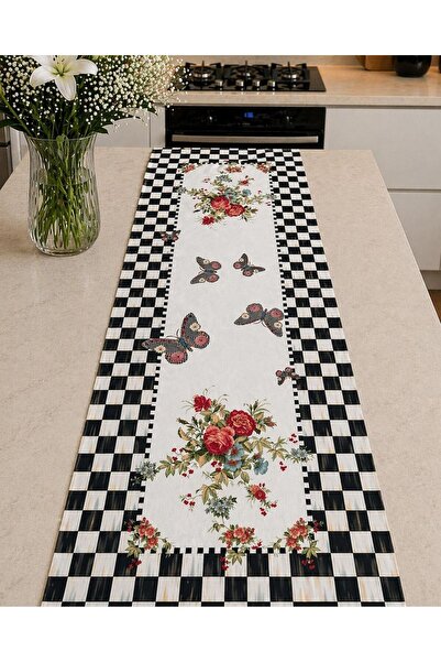 Karam Home Damalı Kelebek Desenli Runner Takım