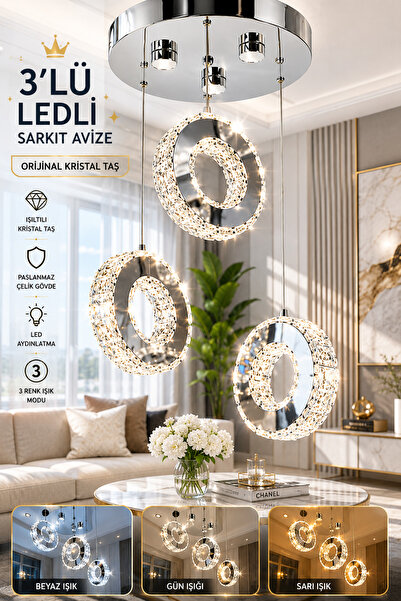 VENON Florit Sarkıt Avize Parıltı 3 Halkalı Sarkıt Kumandalı Kristal LED Sark...