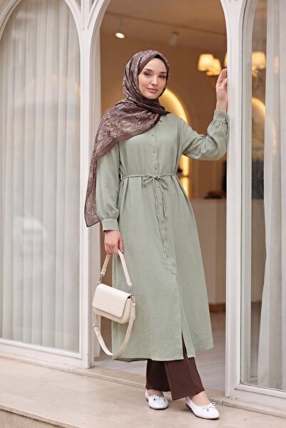 Modamorfo Buttoned Front Shirt Collar, Tieable Waist, Long Modal Tunic - Green