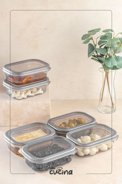 Stile Cucina 6-Piece Large Rectangular Plastic Lid Breakfast Set 400ml Anthracite Food Storage Jar Set