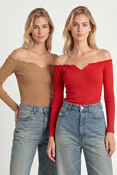 Lovelyİstanbul 2-Pack Drawstring Collar Cropped Knitted Blouse Lah0005 Red Bi...