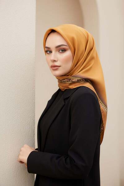 Vissona %100 Twill İpek Bordürü Leoparlı Düz Desenli Gold - Gold Renkli 90x90...