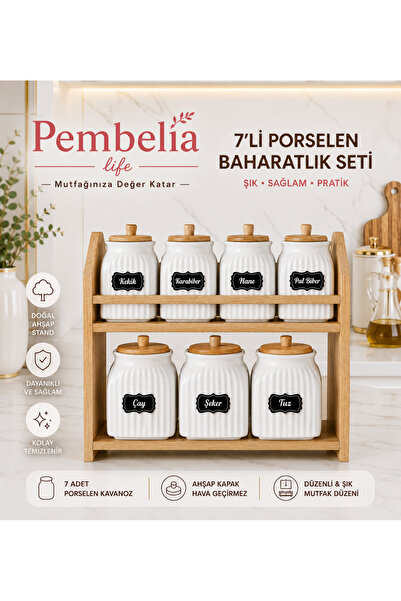 Kitchen Pembelia Ahşap Standlı Etiketli 7’li Porselen Baharatlık Seti Baharat...