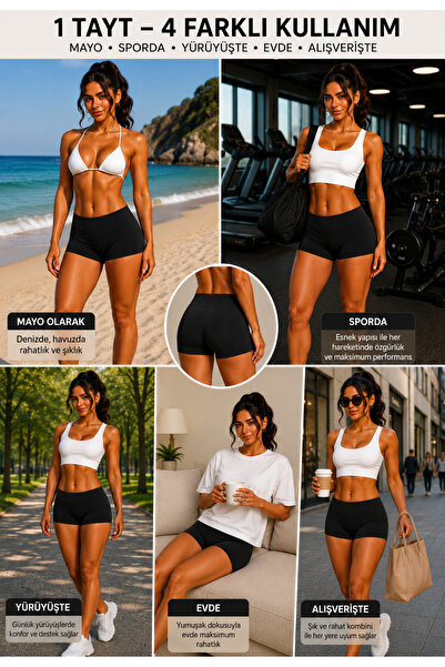 Livik Kadın Siyah Mini Spor Şort Yüksek Bel Sıkılaştırıcı Tayt