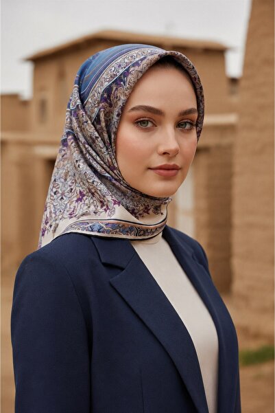 Vissona %100 Twill İpek Şal Desenli İndigo Renkli 90x90 Eşarp Dikim Şekli : E...