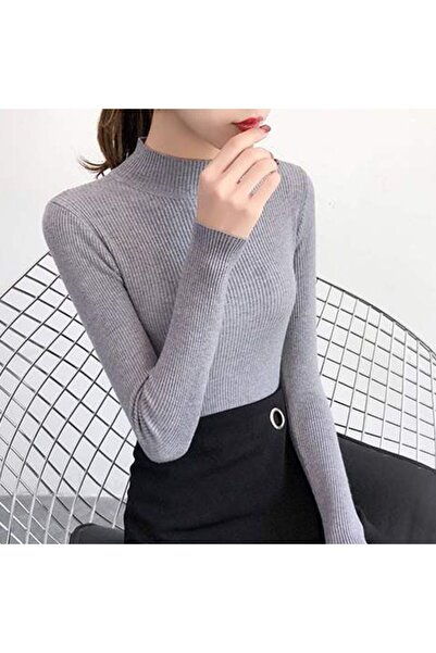 Choice One Size GRAY Autumn Winter Mock Neck Women Sweater Vintage Basic Soli...