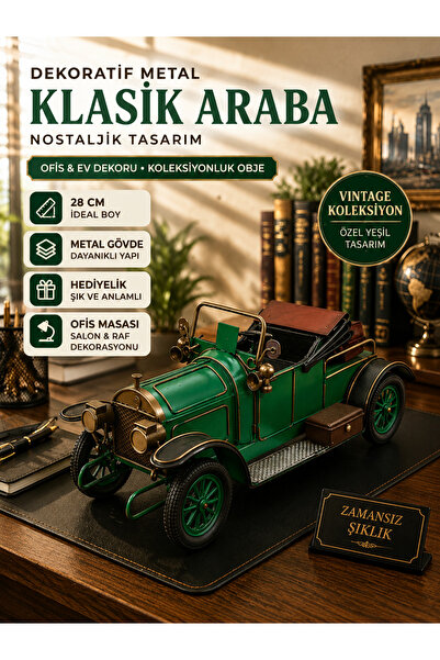 KOLAYEV Dekoratif Yeşil Metal Klasik Araba 28 Cm Vintage Nostaljik Ofis Masa ...