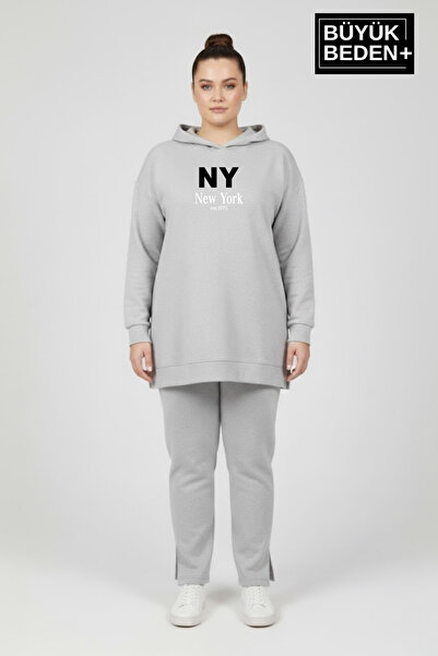 Süperlife سويت شيرت نحيف بقلنسوة مطبوع عليه NY New York مقاس كبير SPR26BTK991-1