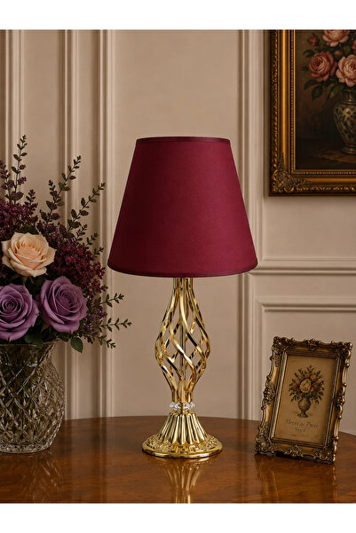 Dekovien Burgundy Fabric Headboard with Gold Twisted Legs Modern Lampshade 50...