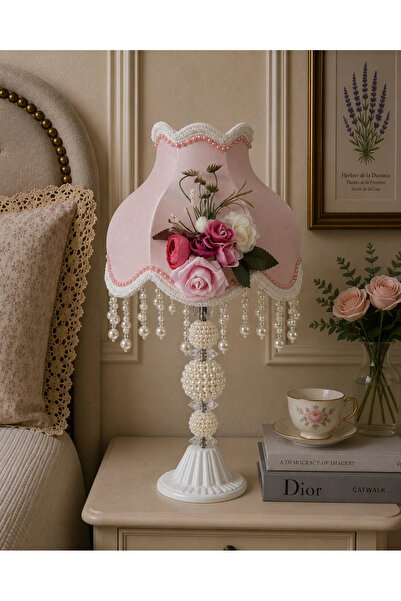 Dekovien Velvet Covered Flower Decorated Lampshade Pink Pearl Model