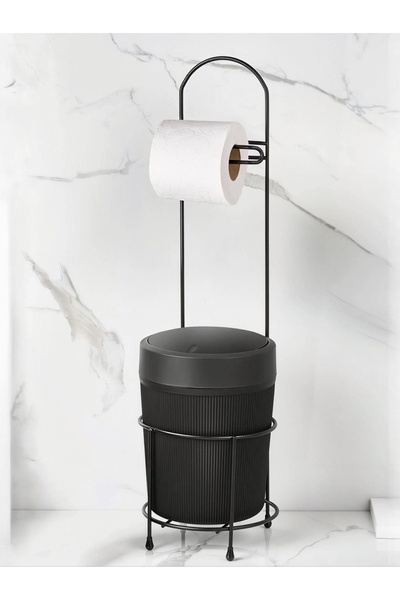 Go İthalat Siyah Metal Ayaklı Wc Kağıtlık Yuvarlak Plastik Kovalı Banyo Çöp K...