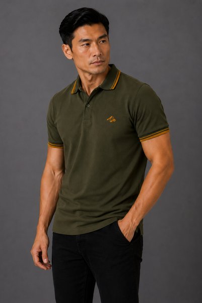 Mesh Men's Khaki Polo Collar T-Shirt 100% Cotton Pique Fabric Regular Fit Mustard Striped Short Sleeve Mountain Embroidery