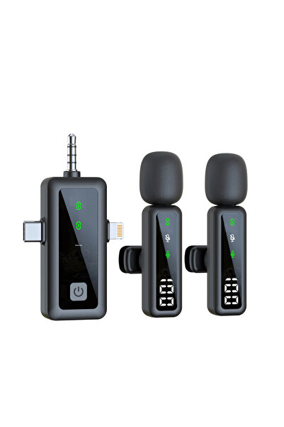 FABRON Kablosuz Yaka Mikrofonu Type-C Lightning Aux 2 Adet 3in1 Kablosuz Prof...