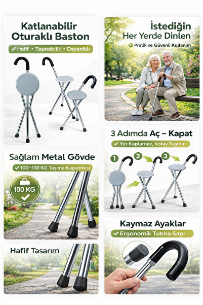 EyluX Shop 3 Ayaklı İthal Alüminyum Oturaklı Baston Sandalye Namaz ve Camii B...