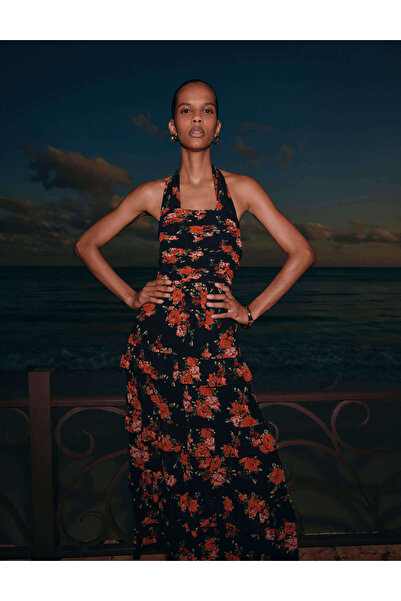 Marks & Spencer Çiçek Desenli Halter Yaka Katmanlı Maxi Elbise