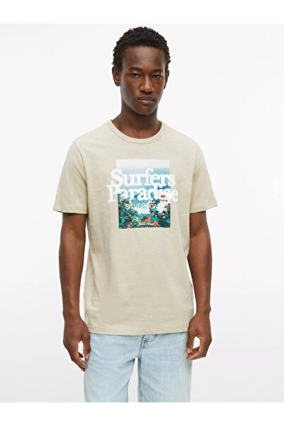 s.Oliver Ανδρικό Βαμβακερό T-Shirt με Στάμπα, Κανονική Γραμμή, Μπεζ, 2XL
