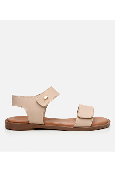 Hotiç Beigefarbene, verstellbare, flache Damensandalen aus Leder