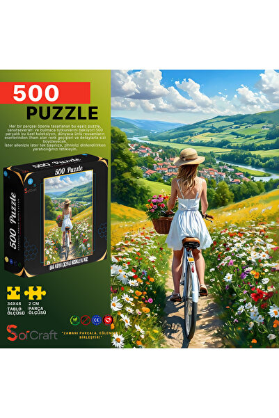 Soi Craft 500 Parça Puzzle Yaz Manzaralı Dağ Köyü Çiçekli Bisikletli Kız #271
