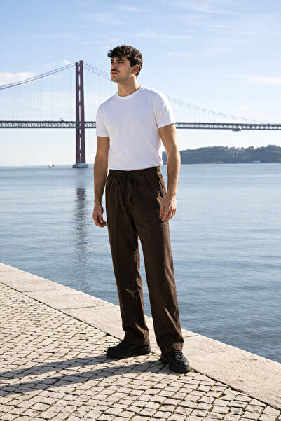 DAMGA JEANS Men's Elastic Waist Jogger Dark Brown Linen Trousers