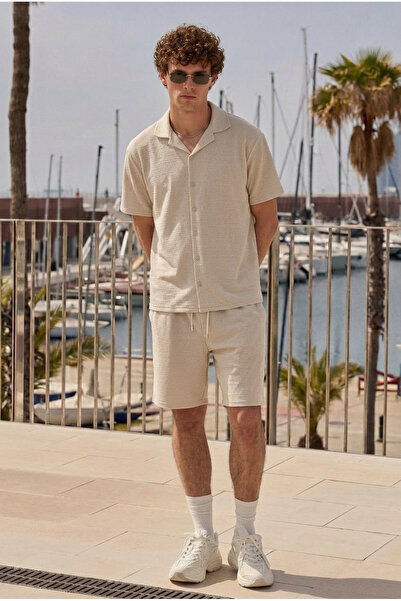 DAMGA JEANS Men's Premium Comfortable Shirt Jogger Linen Shorts Cream Two-Pie...