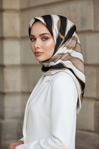 Vissona %100 Twill İpek Kemer Desenli Siyah - Vizon Renkli 90x90 Eşarp Dikim ...
