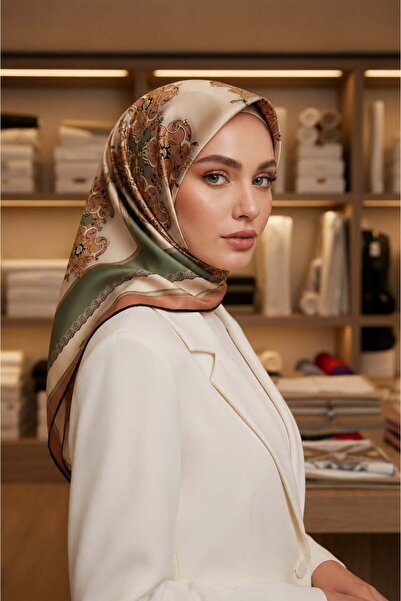 Vissona % 57 İPEK % 43 VİSKON Twill İpek Barok Desenli Bakır - Haki Renkli 90...