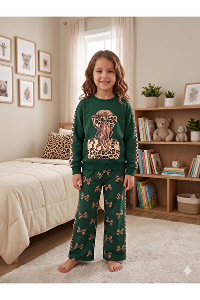 Fil Kids Girl's 100% Cotton Green Leopard Ribbon Patterned Long Sleeve Wide L...