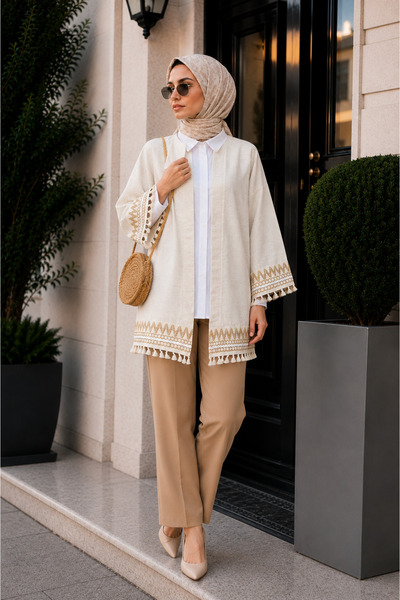 bellura Püskül Detaylı Keten Kimono