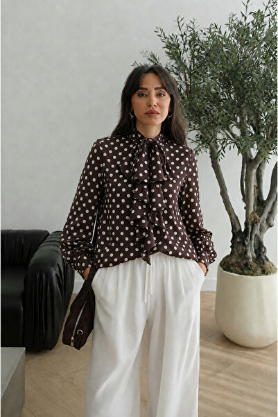 Noi Belis Puantiyeli Fırfır Detaylı Dokuma Gömlek SS26GO0010