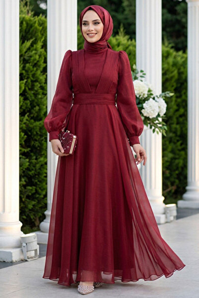 Neva Style Drape Detaylı Bordo Tesettür Abiye Elbise 45701BR