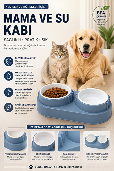 ego home İkili Kedi Köpek Mama Ve Su Kabı - Eğimli Kedi Kulaklı Tasarım 2 Li ...