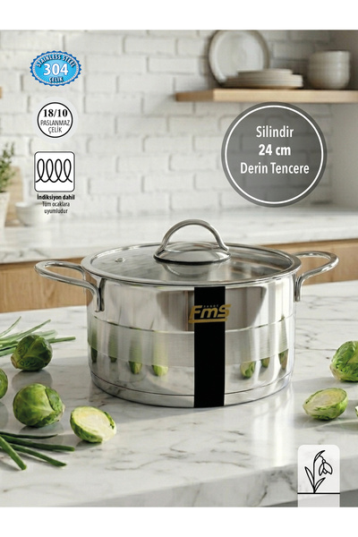 FMS 24 Cm Silindir Derin Çelik Tencere | 6.3 L | 18/10 Paslanmaz | İndüksiyon...