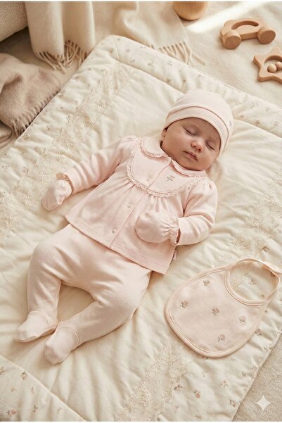 ZEYNUKO KIZ BEBEK %100 PAMUK ÇİÇEK NAKIŞLI 5'Lİ YENİDOĞAN HASTANE ÇIKIŞI ZIBI...