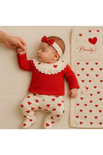 ZEYNUKO Baby Girl Heart-Embellished Lace Beauty Blanket 0-3 Months 7-Piece Ne...