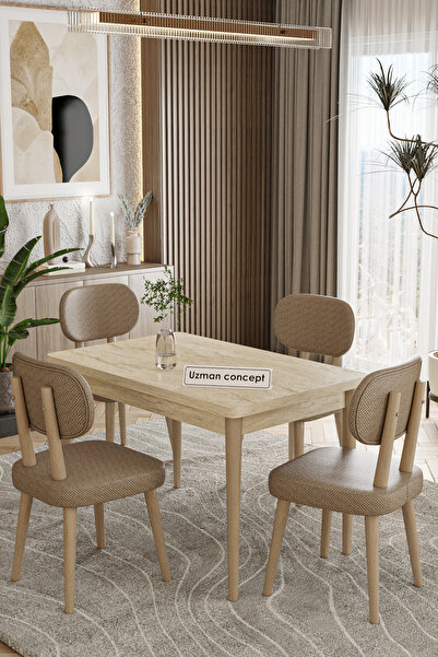 UZMHOME 70 x 110 Sabit Traverten Mutfak Masa Takımı 4 Sandalyeli