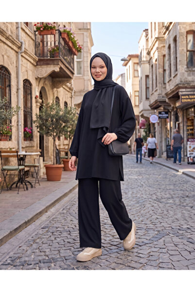 modacofashion طقم تونيك من قماش الكريب المطاطي مكون من قطعتين - أسود