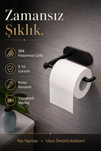 Alper Banyo Premium Black 304 Stainless Steel Adhesive Toilet Roll Holder, Bl...