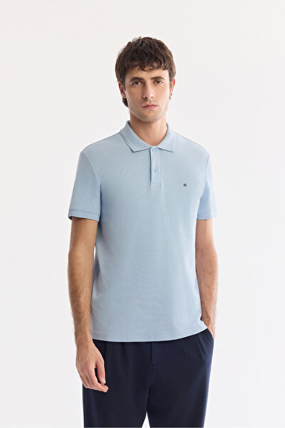 Avva Erkek Mavi Kıvrılmaz Polo Yaka %100 Pamuk Basic Regular Fit T-Shirt B001032