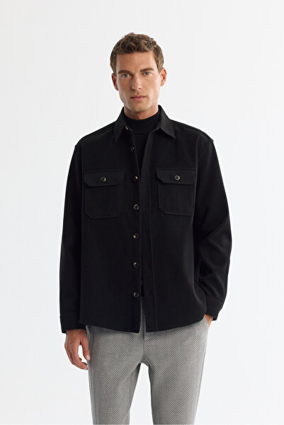 Avva Men's Black Classic Collar Cashmere Covered Comfort Fit Shirt Jacket A42...