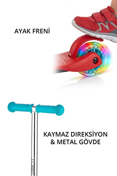 Triathlon T-137 Scooter - Kırmızı - 7 Renk LED Işıklı 3 Tekerlek - Ayak Freni - Eğimli Direksiyon (Twistable)