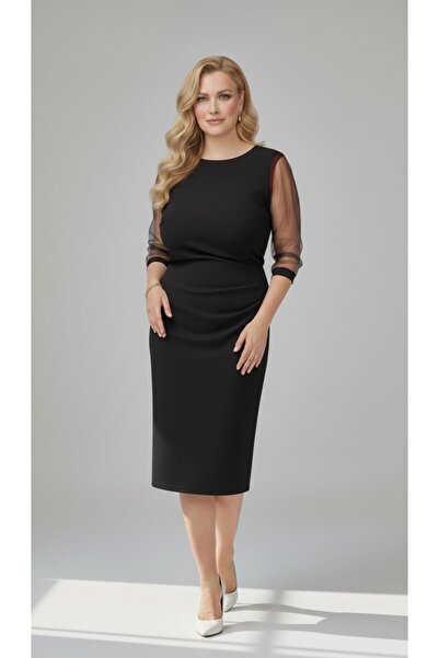 Veline Elegant black dress, midi, side pleats, transparent sleeves, plus sizes