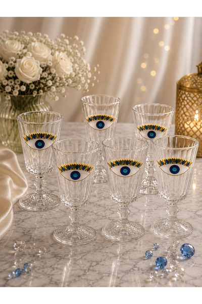 YzHome 6 Lı Kristal Cam Kahve Yanı Bardağı Nazar Göz Bardak Flüt 75ml