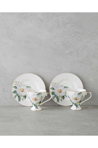 English Home Garden Lovely New Bone China 4 Parça 2 Kişilik Kahve Fincan Takımı 90 ml Yeşil-Beyaz