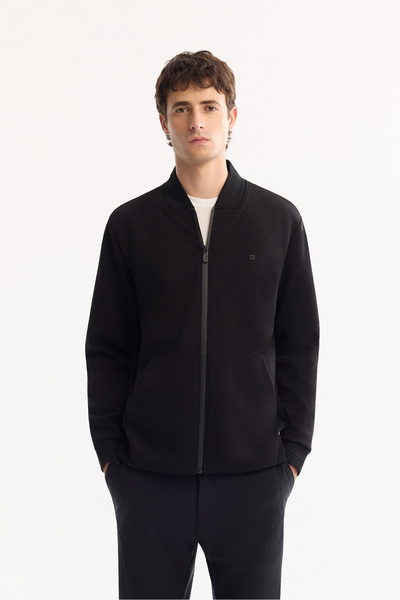 Avva Men's Black Bomber Collar Cotton Bi-Stretch Regular Fit Sweatshirt A52Y1200