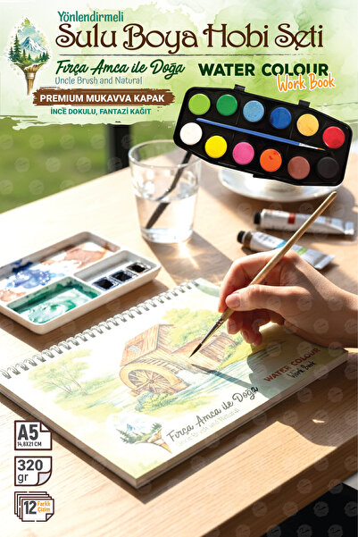 TUĞSET Yönlendirmeli Sulu Boya Hobi Seti Watercolor Workbook Defter Fırça Amc...
